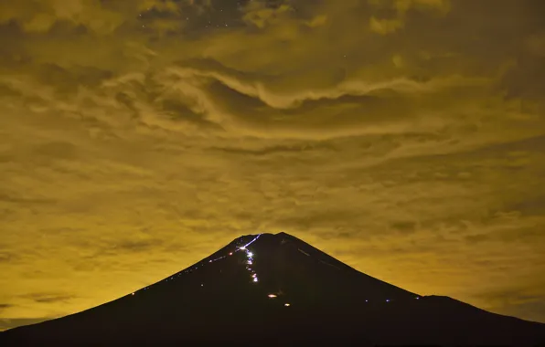 Picture the sky, clouds, night, lights, Japan, mount Fuji