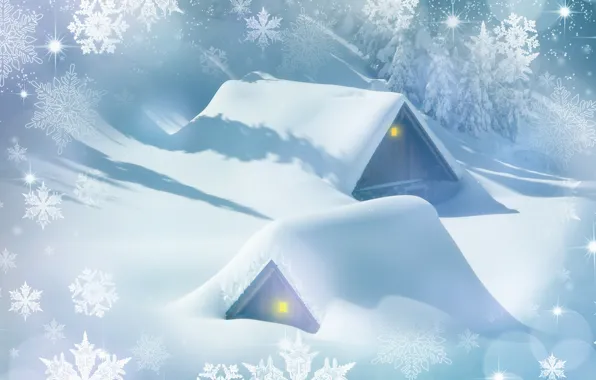 Winter, forest, light, snow, snowflakes, house, rendering, mood