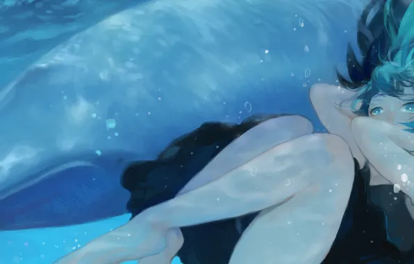 Girl, bubbles, anime, art, kit, vocaloid, hatsune miku, under water