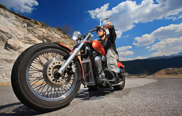 Picture road, the sky, clouds, mountains, biker, bike