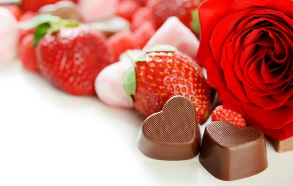 Flowers, chocolate, roses, petals, strawberry, fruit