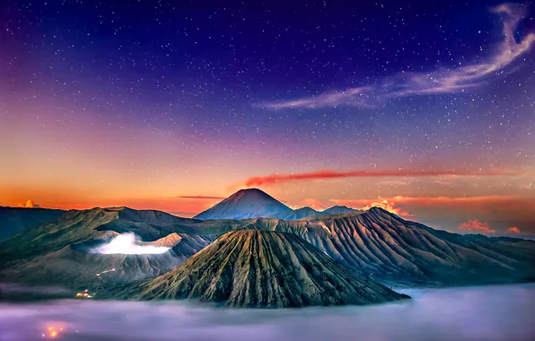 Picture the sky, stars, sunset, mountains, fog, the volcano, hdr