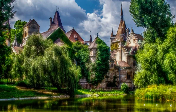 Greens, clouds, trees, pond, castle, HDR, Sunny, Hungary
