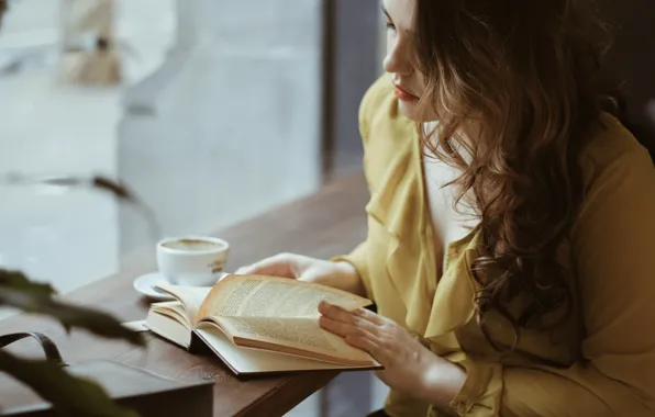 Girl, book, curls, reads