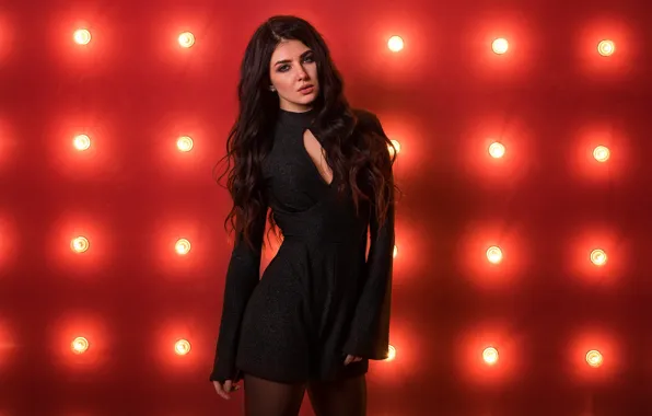 Girl, legs, red background, in black, Dmitry Shulgin