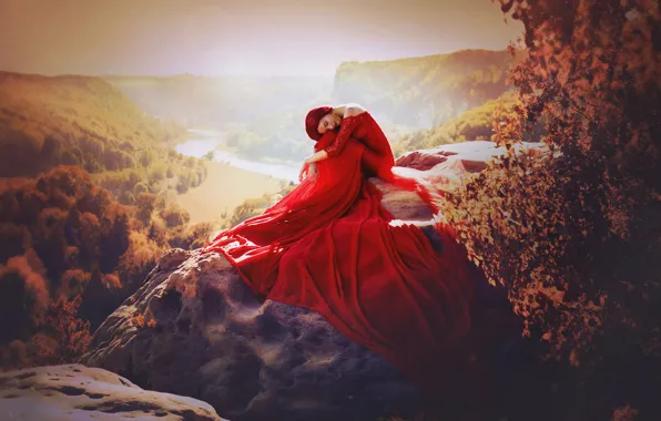 FOREST, STONE, DRESS, RIVER, RED, MOOD, DIRECTION, photographer Melanie Dietze