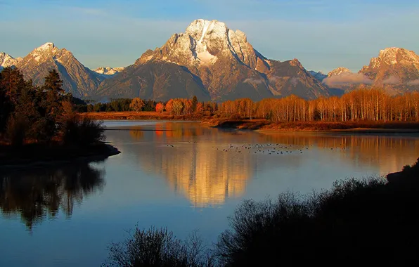 Picture autumn, the sky, trees, sunset, mountains, lake, Wyoming, USA
