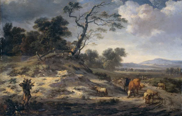 Picture tree, oil, picture, Landscape with Cattle, Ian Vanants