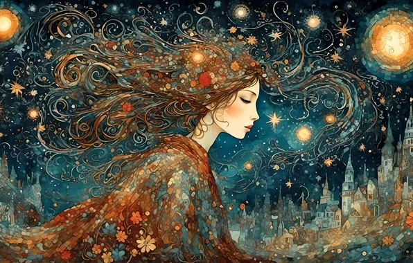 Girl, stars, night, the city, the moon, figure, curls, building