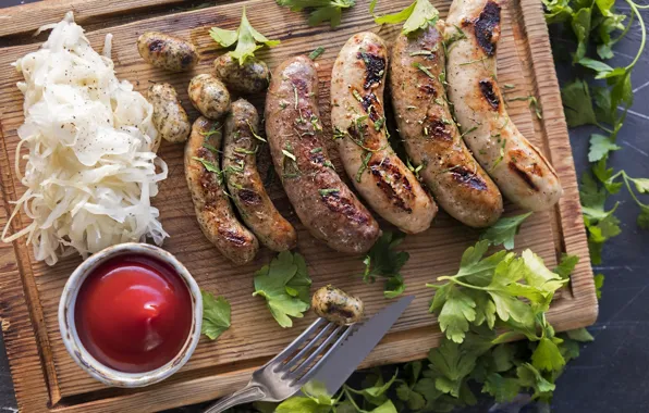 Greens, cabbage, ketchup, sausages