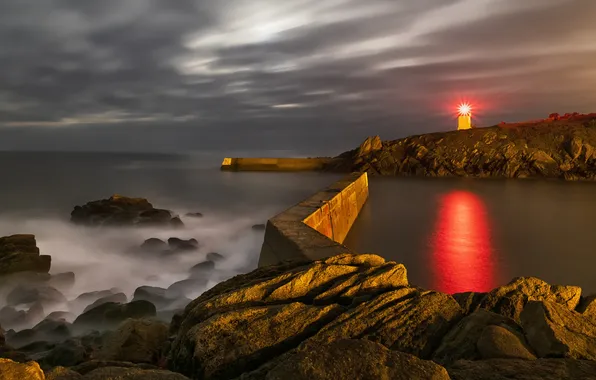 Sea, light, night, clouds, reflection, stones, overcast, rocks