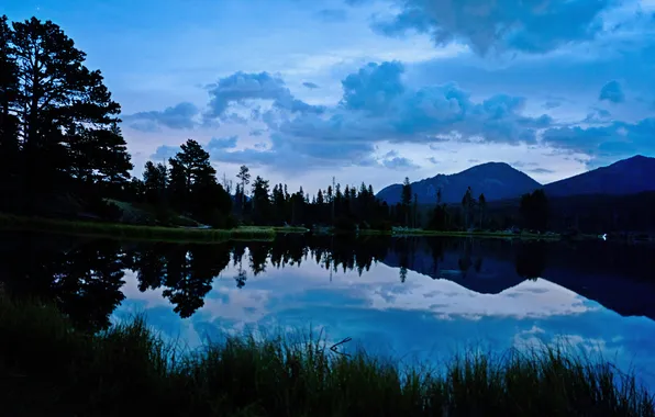 The sky, grass, clouds, trees, mountains, night, nature, lake