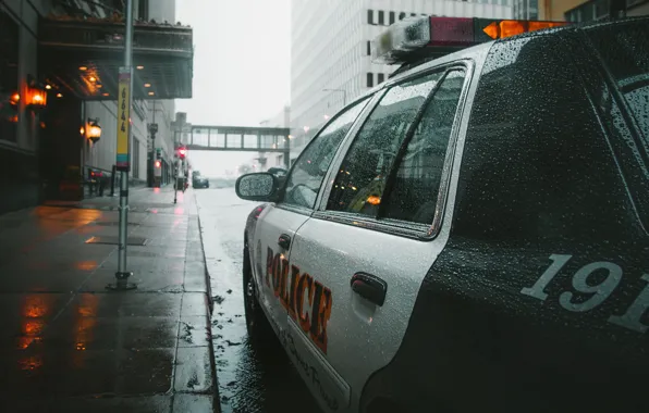 Picture machine, glass, drops, the city, rain, street, police, police car
