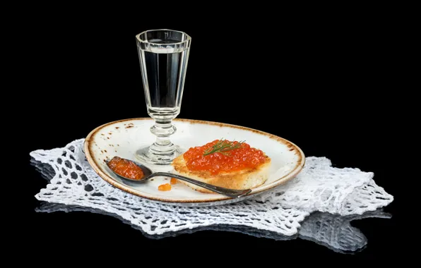 Picture plate, bread, spoon, black background, vodka, sandwich, caviar, glass