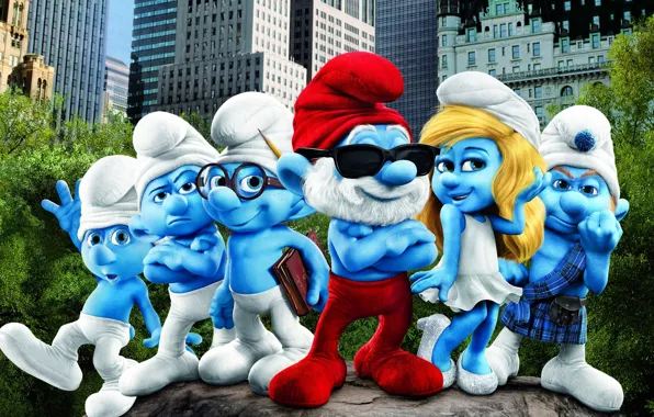 Picture the city, New York, dwarves, skyscrapers, the movie, The Smurfs, Smurfs