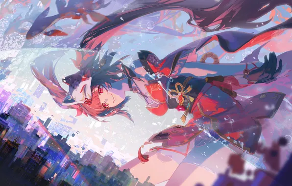 Girl, fish, the city, mask, Sparkle, Honkai Star Rail