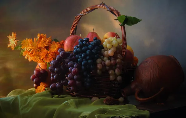 Flowers, table, basket, apples, grapes, pitcher, fruit, still life