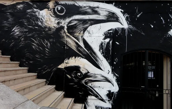 Raven, Street, Graffiti, Black and white