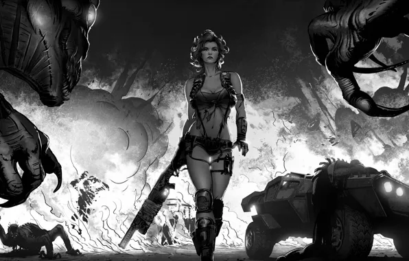 Girl, the explosion, transport, monsters, the gun, Art