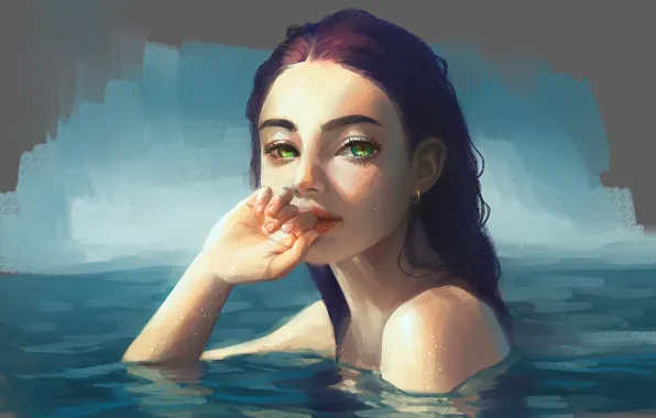 Look, water, girl, art, green eyes