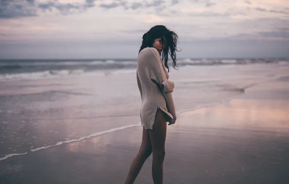 Sand, beach, girl, the wind, curls