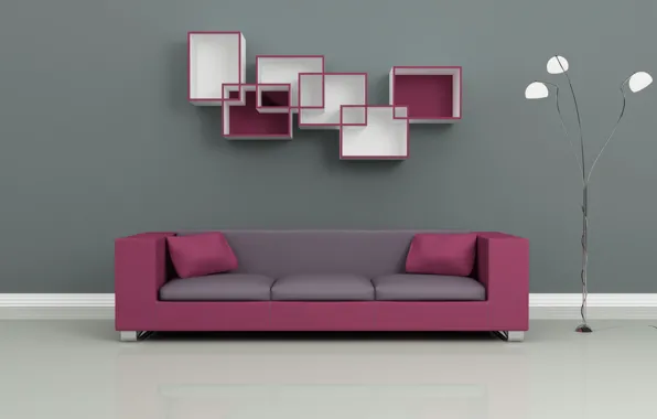 Picture sofa, lamp, shelves