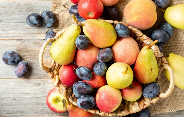 Apples, fruit, basket, peaches, plum, pear, different, burlap