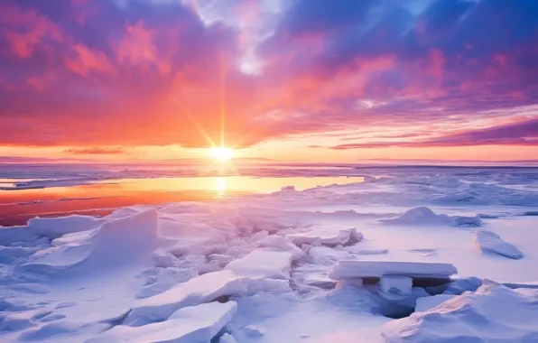 Winter, the sky, the sun, clouds, rays, light, snow, nature