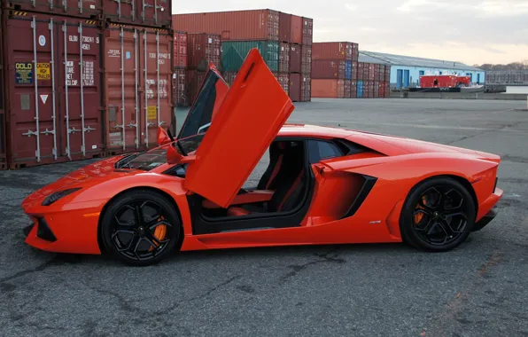 Orange, lamborghini, side view, containers, orange, aventador, lp700-4, Lamborghini