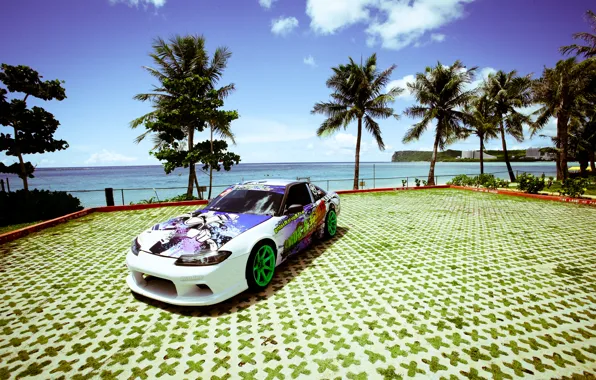 Picture sea, the sun, palm trees, tuning, white, S15, Silvia, Nissan