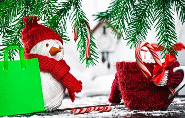 Background, gift, spruce, branch, New year, snowman, box, gift