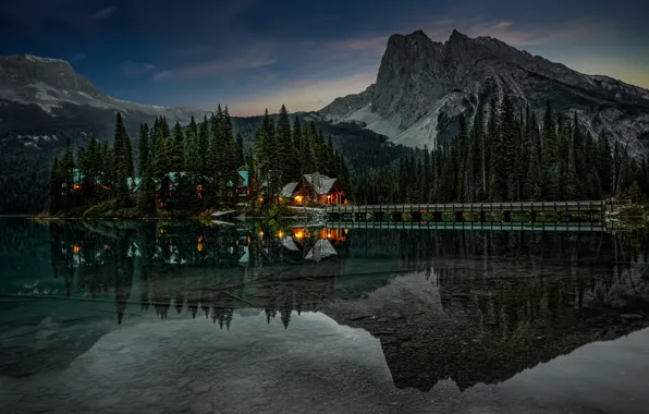 Forest, mountains, night, bridge, lights, reflection, rocks, shore