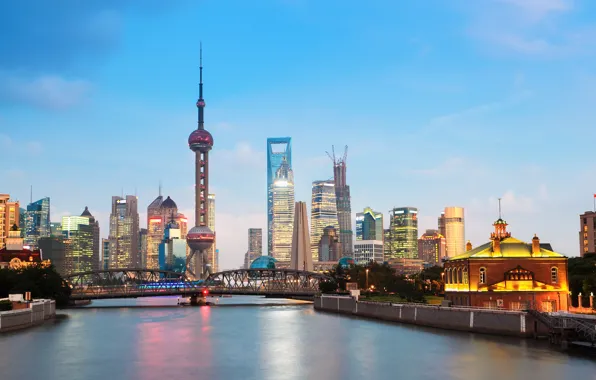 Bridge, the city, the evening, Shanghai