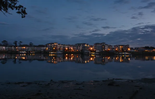 Water, light, reflection, building, boats, USA, twilight, Doc