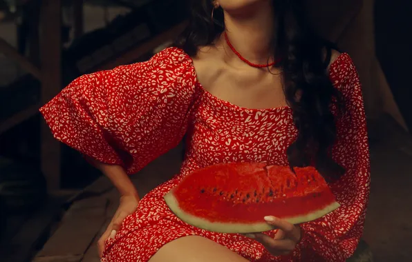 Model, watermelon, in red, Vadim Aksenov