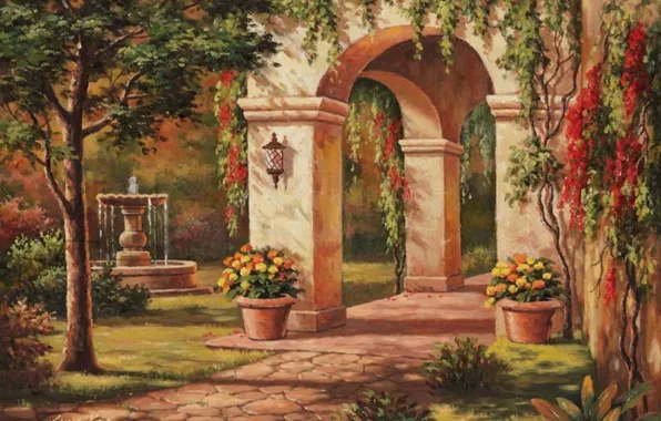 Picture home, picture, arch, fountain, painting, facade, painting, Sung Kim