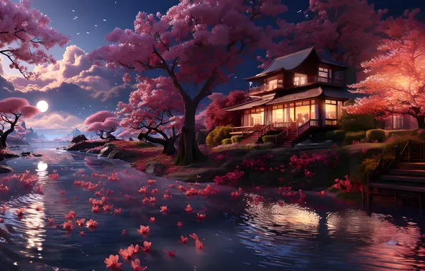 Night, river, Sakura, digital art, digital art, magnificent landscape, japanese architecture, AI art