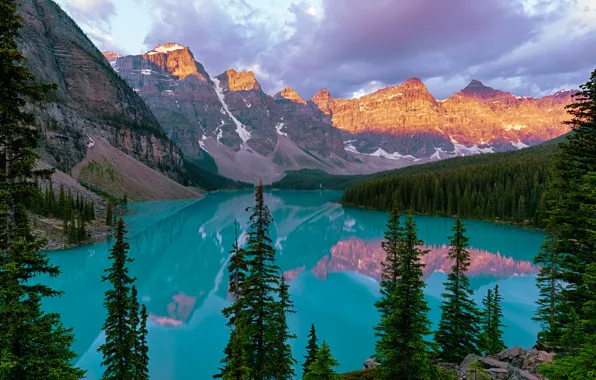 Forest, mountains, lake, Canada, Albert, Moraine