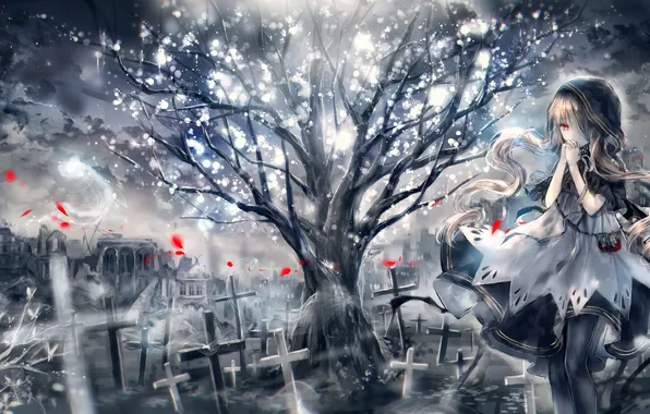 Girl, tree, crosses, home, anime, petals, art, hood