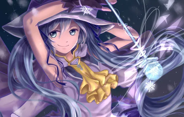 Girl, snowflakes, hat, anime, art, vocaloid, rod, yuki miku