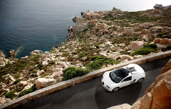 Picture rocks, shore, cars, Bugatti, Grand, Veyron, cars, auto wallpapers
