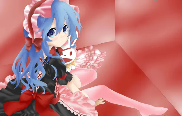 Look, girl, sitting, blue-eyed, blue hair