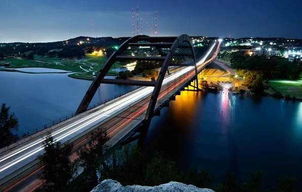 Night, bridge, lights, river, USA, Austin, Texas