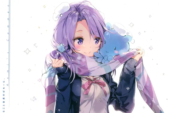 Snow, scarf, creatures, girl, lilac hair, by Anmi, schoolgirls'