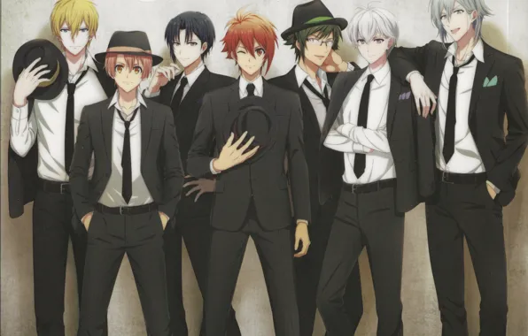 Group, hat, red, glasses, tie, guys, white shirt, business suit