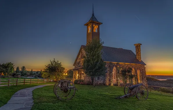 Sunset, gun, Missouri, chapel, lawn, Missouri, Chapel of the Ozarks, Ridgedale