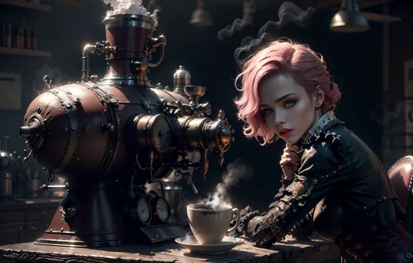 Machine, girl, fantasy, steampunk, AI art, neural network