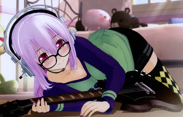 Guitar, headphones, glasses, pink hair, Soniko