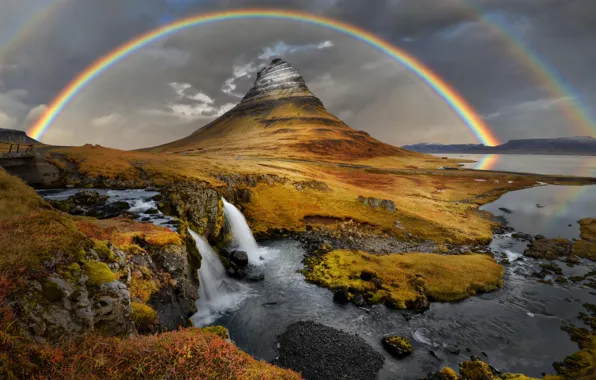 Nature, mountain, waterfall, rainbow