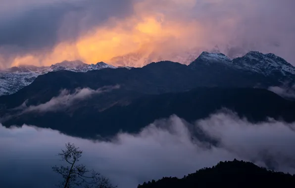 Clouds, landscape, mountains, nature, fog, background, lilac, tops